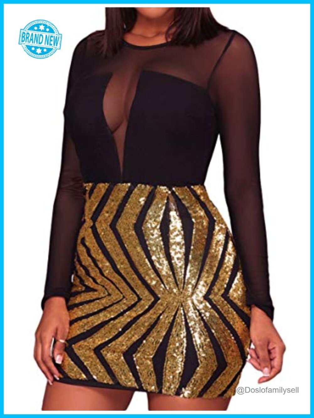 Sheer Mesh Long Sleeve Sequins Club Dress Plus Size